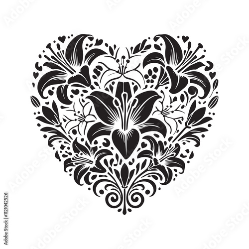 detailed lily flower heart illustration for wedding invites. eps 10