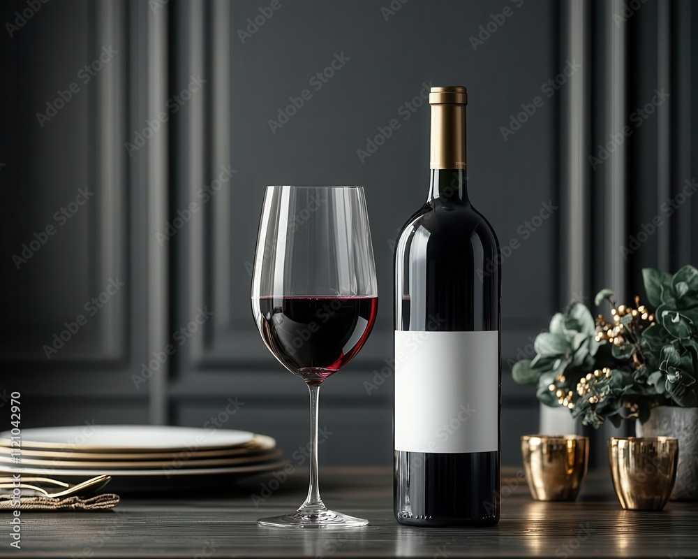 Wine glasses filled with red wine, premium bottles on a dining table with fine china and gold accents, evoking an elegant celebration Wine glasses filled with red wine, premium bottles on a dining table with fine china and gold accents, evoking an elegant celebration