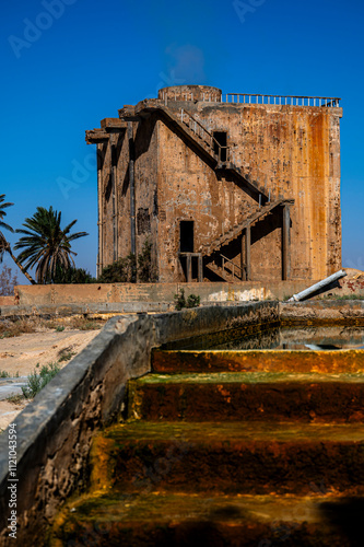 Abandoned hot water well near the Zaouia oasis in the Sahara Desert in Tunisia. photo