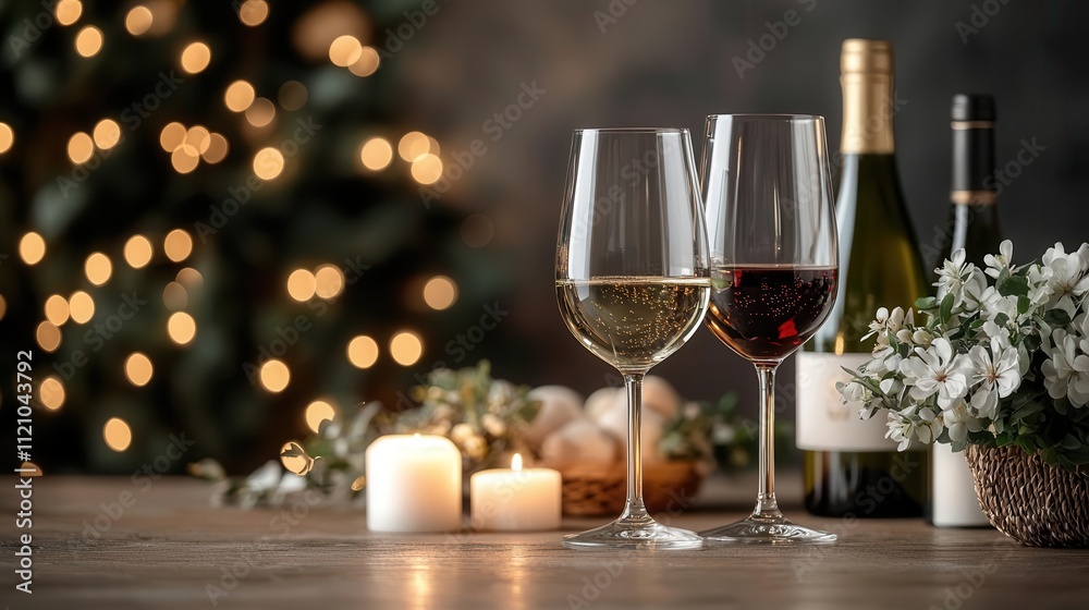 Wine glasses clinking in a toast, premium bottles in the background on an elegant table adorned with candles and floral arrangements Wine glasses clinking in a toast, premium bottles in the background on an elegant table adorned with candles and floral arrangements