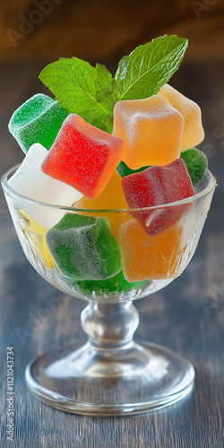 Colorful fruit jelly candies in a glass bowl with mint leaf on a wooden background