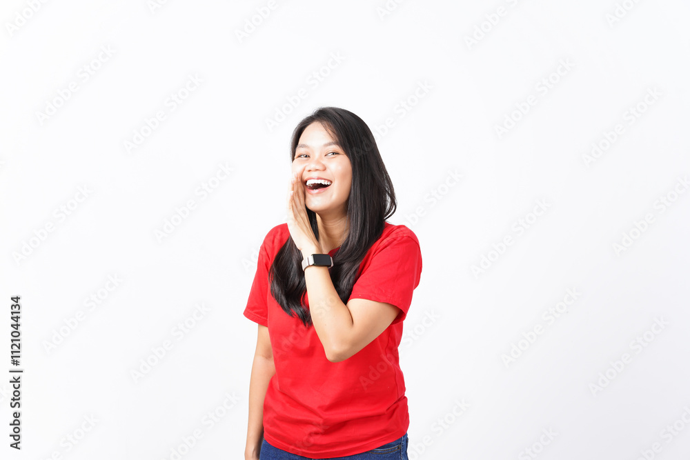 Smiling Hand over mouth for to telling something announcement for sale promotion Of Beautiful Asian Woman Wearing red shirt Isolated On White Background Smiling Hand over mouth for to telling something announcement for sale promotion Of Beautiful Asian Woman Wearing red shirt Isolated On White Background