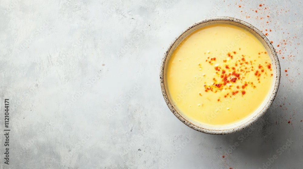A bowl of creamy mango lassi with saffron garnish, on a clean surface with ample space for text. A bowl of creamy mango lassi with saffron garnish, on a clean surface with ample space for text.