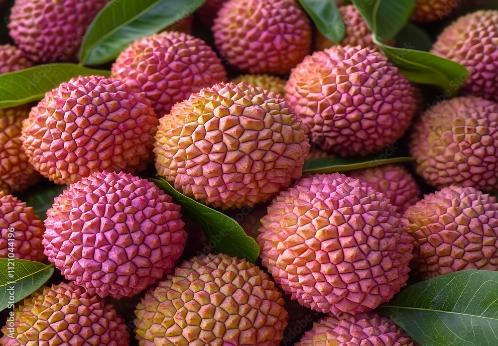 A Close Up View Of Fresh Pink Lychees With Green Leaves A Close Up View Of Fresh Pink Lychees With Green Leaves