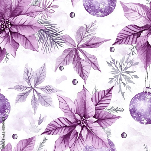 watercolor purple christmas theme pattern, with christmas poinsettia and baubles, soft purple, white and silver colors 