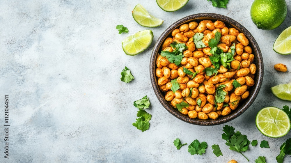 A bowl of spicy masala peanuts surrounded by fresh lime wedges on a clean surface with copy space.