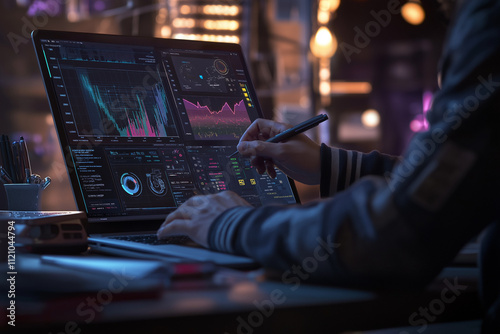 An analyst uses a computer and dashboard for data business analysis and Data Management System, Customers database, gather information to report. Data science technology and digital marketing