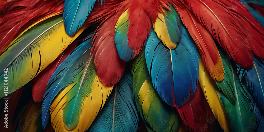 Fototapeta premium A vibrant parrot feather pattern in shades of red, green, yellow, and blue on a plain background, capturing a tropical and exotic essence.