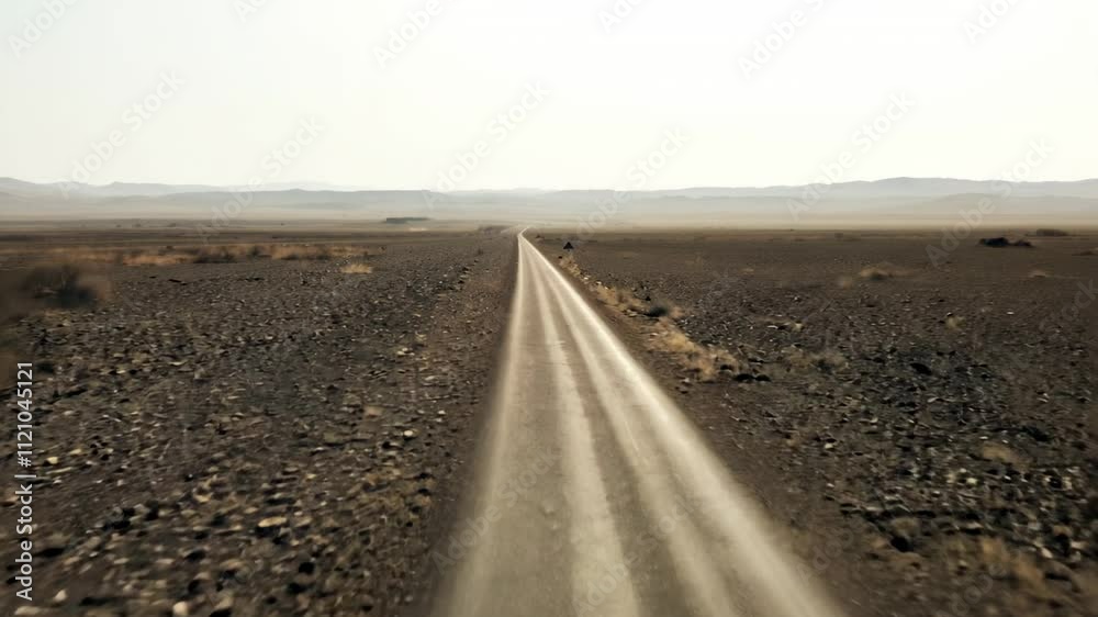 A desolate road stretches into the horizon, surrounded by barren landscapes.