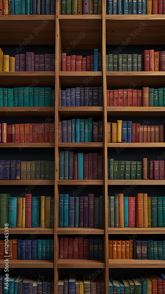 A front-facing view of a neatly organized bookshelf with colorful books on wooden shelves, set against a plain background. A front-facing view of a neatly organized bookshelf with colorful books on wooden shelves, set against a plain background.