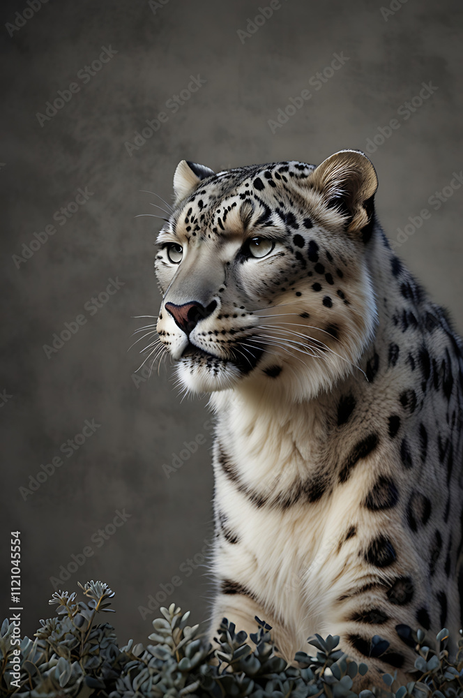 Fototapeta premium A luxurious snow leopard print in soft gray and white tones with subtle black rosettes, designed on a plain background.