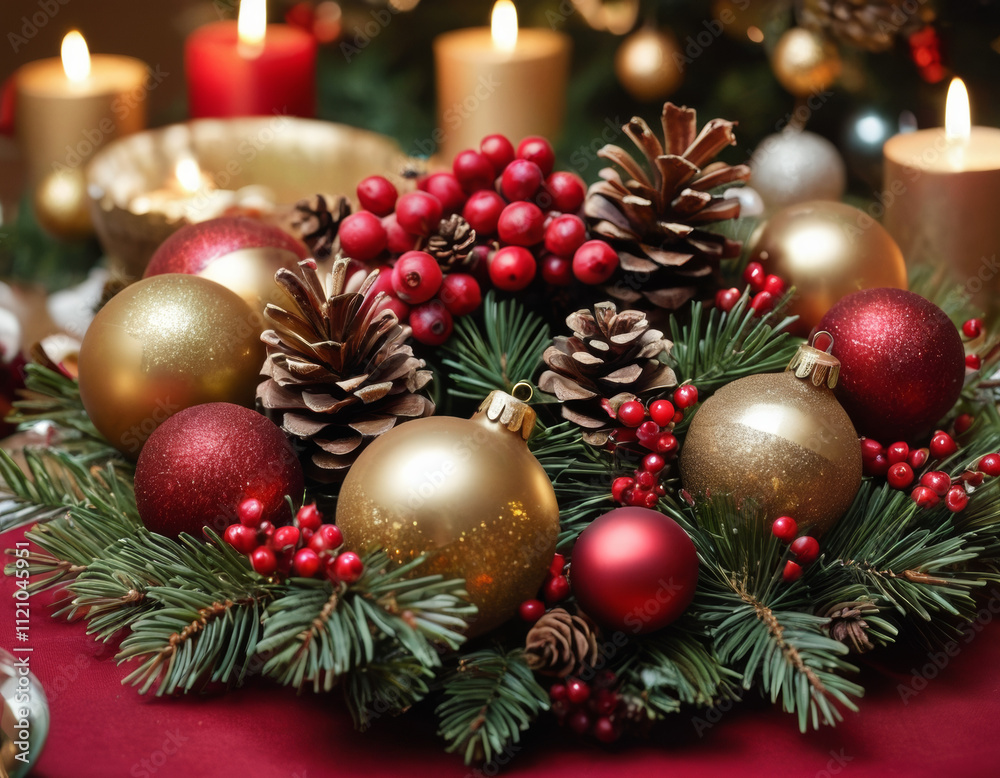 Festive Christmas arrangement background with fresh pine branches, ornate baubles in red and gold, natural pinecones, red berries like a table centerpiece Festive Christmas arrangement background with fresh pine branches, ornate baubles in red and gold, natural pinecones, red berries like a table centerpiece