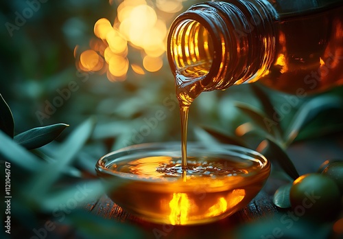 Golden Olive Oil Pouring Into Glass Bowl photo