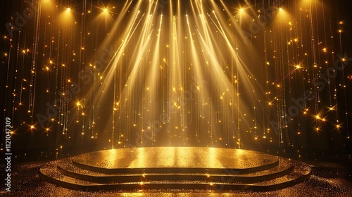 Golden stage with spotlight beams in a glamorous event setting photo