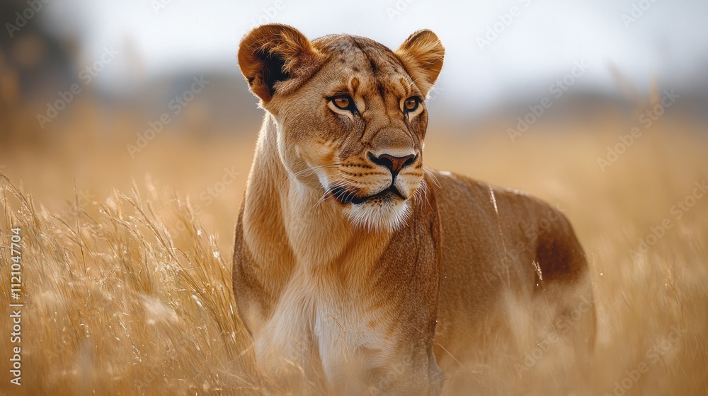Fototapeta premium Majestic lioness in tall savanna grass, alert and watchful.