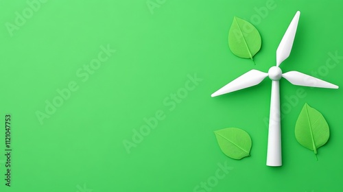 Green Energy, A Sustainable Future: A minimal and modern design showcasing a white wind turbine surrounded by green leaves on a vibrant green background. photo