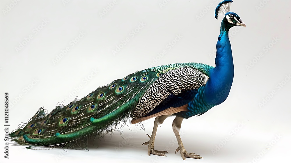 Fototapeta premium Majestic peacock with tail feathers fully spread on white.