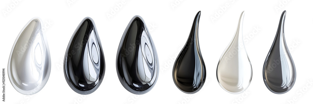 Set of 3D liquid metal silver drops, isolated on a transparent background. Set of 3D liquid metal silver drops, isolated on a transparent background.