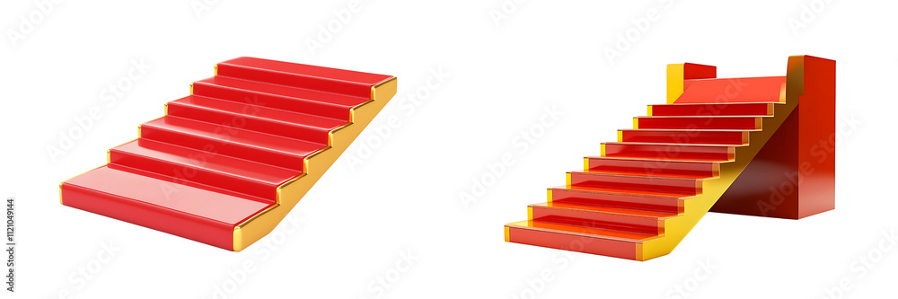 Set of a 3D red carpet with golden stanchions and stairs, isolated on a transparent background. Set of a 3D red carpet with golden stanchions and stairs, isolated on a transparent background.