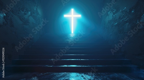 Glowing cross in a serene cave setting with blue atmospheric lighting photo