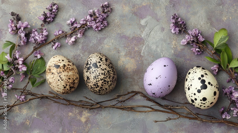 Obraz premium Beautifully Decorated Easter Eggs Surrounded by Lilac Blossoms
