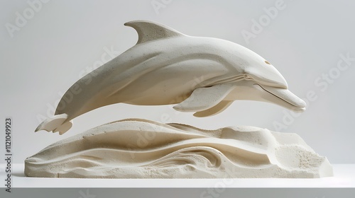 Minimalistic sand sculpture of a dolphin on white.