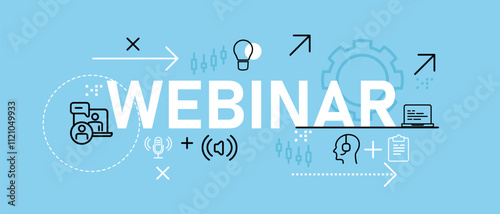 Webinar conceptual website seminar web online discussion information course teaching learning group teamwork design icon outline set collection blue background