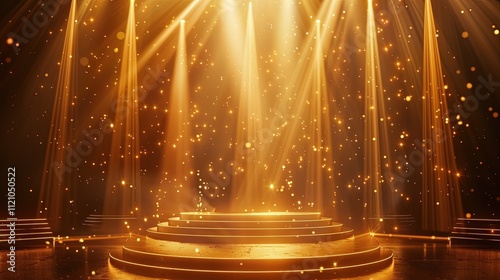 Golden stage with spotlight beams in a glamorous event setting