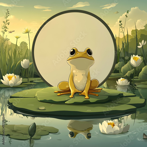 Cute cartoon frog sits on a lily pad in a pond at sunset. photo