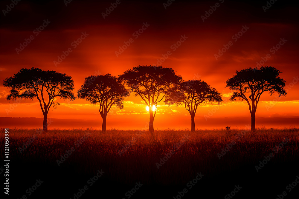 Vibrant sunset silhouettes four trees savanna grassland. Vibrant sunset silhouettes four trees savanna grassland.