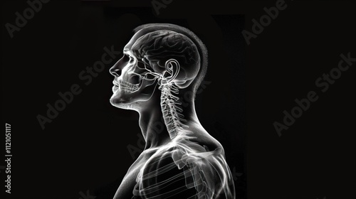 Detailed X-ray of a human skull in profile with dark background photo