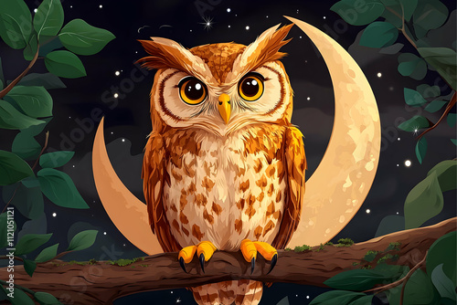 Adorable owl perched on a branch under a crescent moon at night. (1) photo