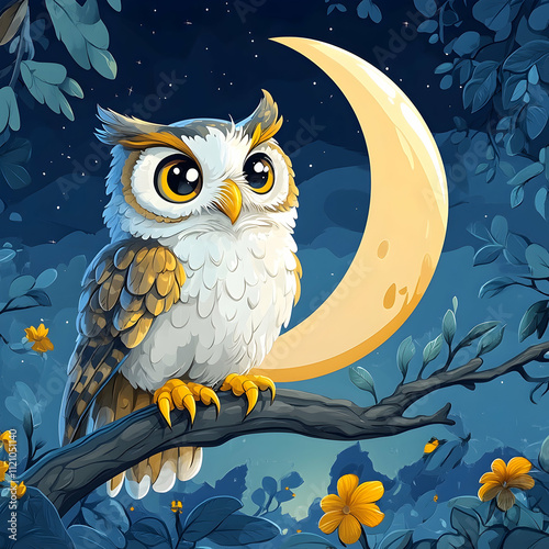 Adorable owl perched on a branch under a crescent moon at night. photo