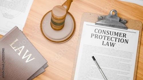 3D Rendered Wooden Lawyer Desk with Highlighted Word 'CONSUMER PROTECTION LAW' on Clipboards Documents on Table. Judge's Wooden Gavel Knocking and Court Making Decision on 'CONSUMER PRO' in Courtroom.