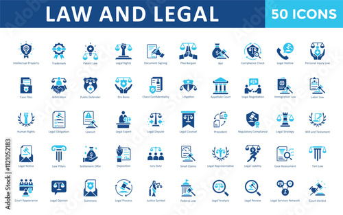 Law and Legal icons set with intellectual property, trademark, patent law, legal rights, document signing, plea bargain, bail, compliance check, legal hotline icon. Simple flat vector 
