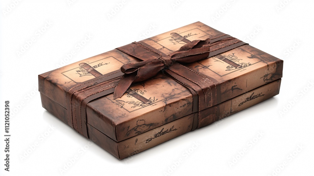 A premium cigar gift box wrapped in faux leather paper, secured with a ribbon featuring cigar illustrations, on white A premium cigar gift box wrapped in faux leather paper, secured with a ribbon featuring cigar illustrations, on white