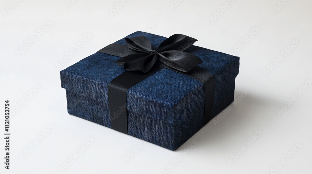 A square navy-blue gift box wrapped in textured paper, secured with a minimalist black ribbon, isolated on white A square navy-blue gift box wrapped in textured paper, secured with a minimalist black ribbon, isolated on white