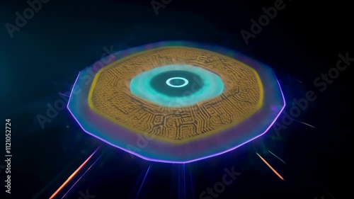 pattern of digital particles assembling into and dissolving from the shape of a glowing AI processor