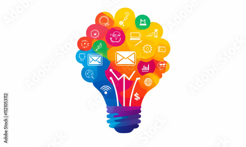 Colorful lightbulb graphic illustrating innovative ideas, communication, technology, and business growth. Perfect for marketing and innovation concepts.