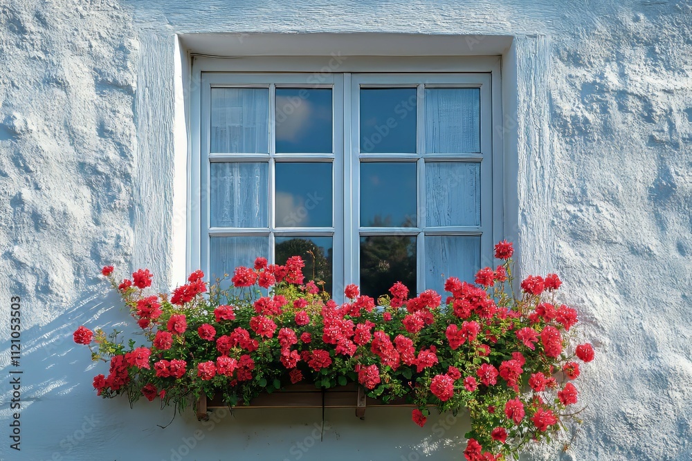Charming Window Box with Vibrant Red Flowers Charming Window Box with Vibrant Red Flowers
