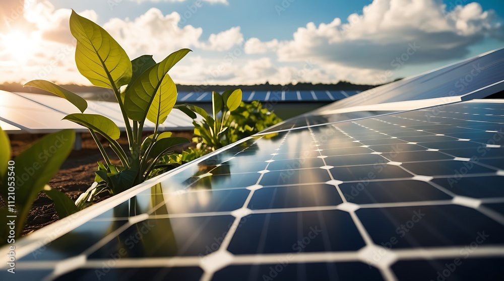 Fototapeta premium Solar panels under sunlight in a cloudy day with green leaves of plants next to them, sun energy to electricity, environment friendly energy sources