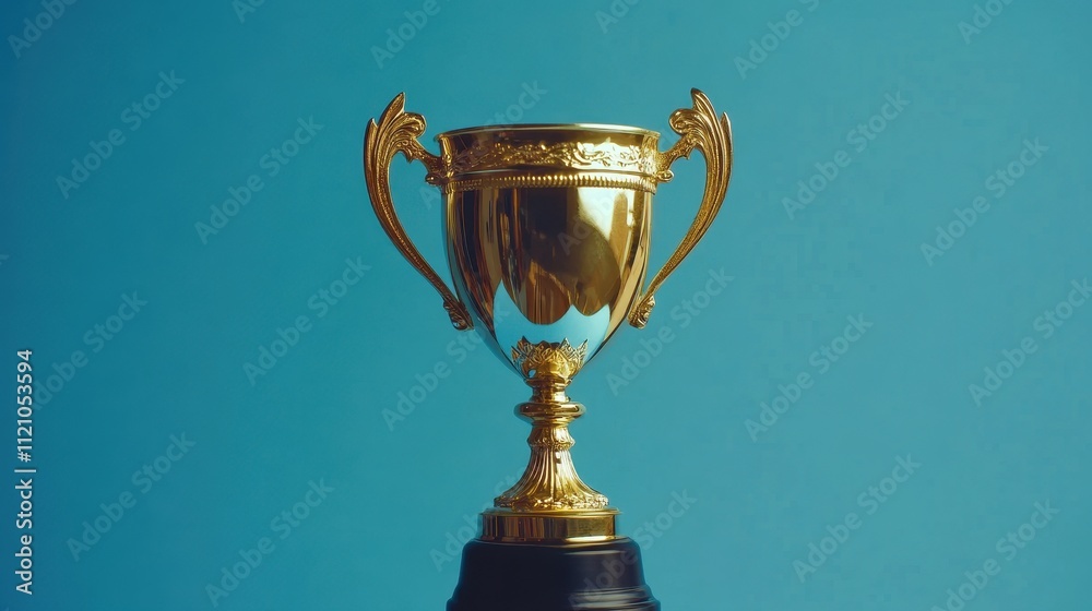 Golden trophy with ornate details on a blue background. Perfect for success, achievement, or victory concepts. Golden trophy with ornate details on a blue background. Perfect for success, achievement, or victory concepts.