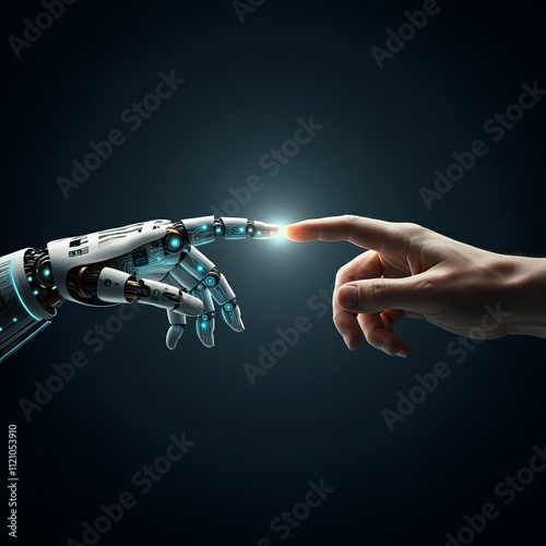 Robot Hand and Human Hand Touching in a High-Tech, Futuristic Networked World Artificial Intelligence Connection dark Background generated Ai