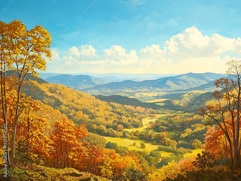 A serene mountain valley dotted with deciduous trees in varying autumn hues, under a clear blue sky. A serene mountain valley dotted with deciduous trees in varying autumn hues, under a clear blue sky.