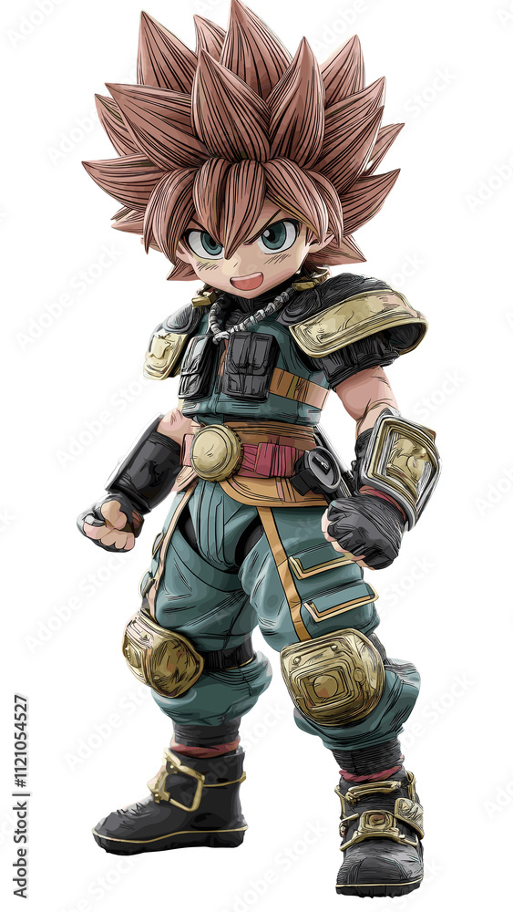 Fototapeta premium Unique collectible anime action figure featuring a character with spiky hair and detailed armor in a dynamic pose