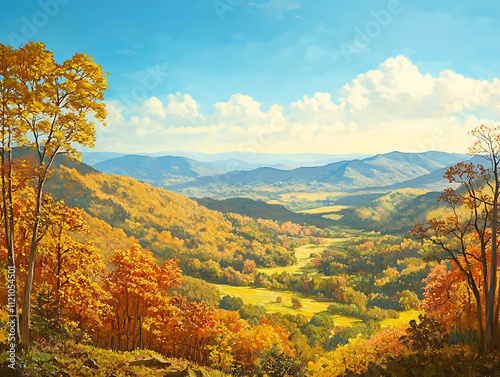 A serene mountain valley dotted with deciduous trees in varying autumn hues, under a clear blue sky. 