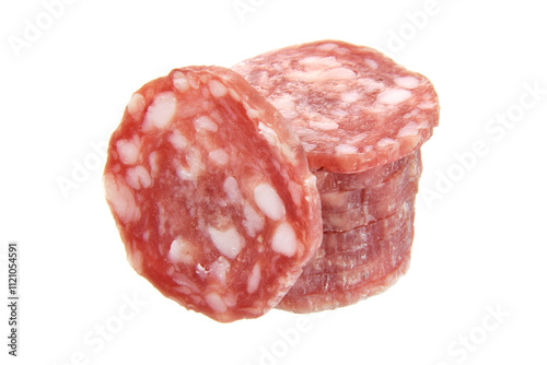 Pork salami sausage slices in stack closed up isolated on white