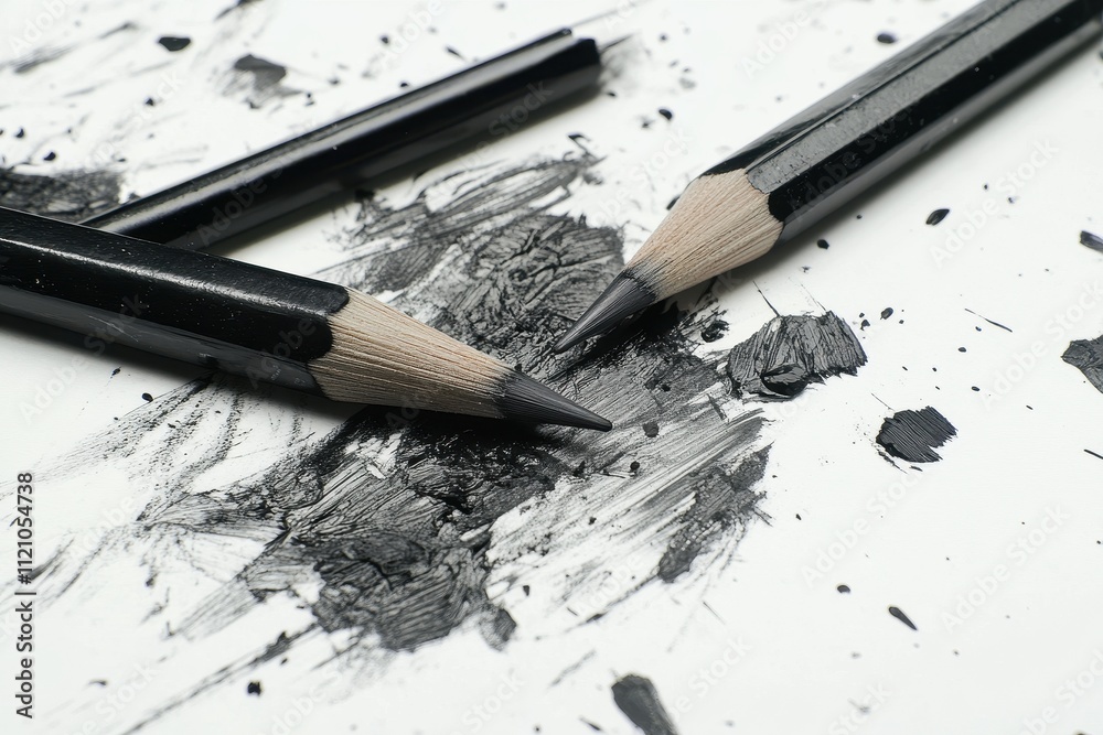 Black pencils on a paper with charcoal smudges. Illustrates creative process, art supplies, drawing. Black pencils on a paper with charcoal smudges. Illustrates creative process, art supplies, drawing.