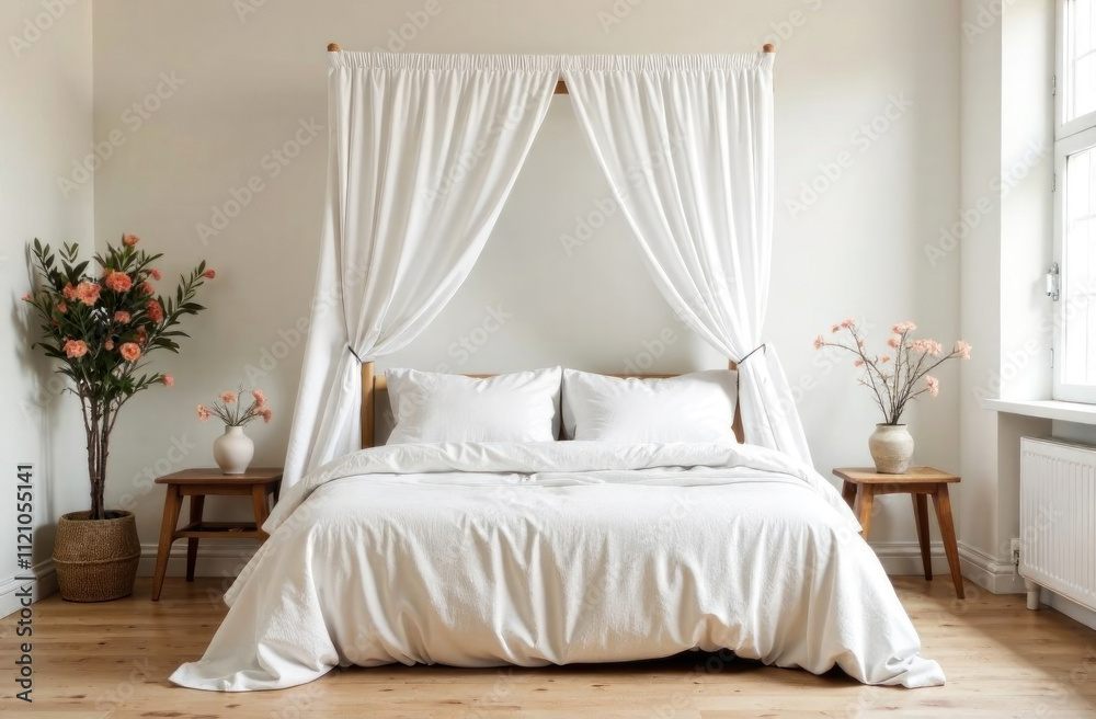 The cozy bedroom boasts a canopied bed draped in white linens and decorated with plants for a serene vibe The cozy bedroom boasts a canopied bed draped in white linens and decorated with plants for a serene vibe