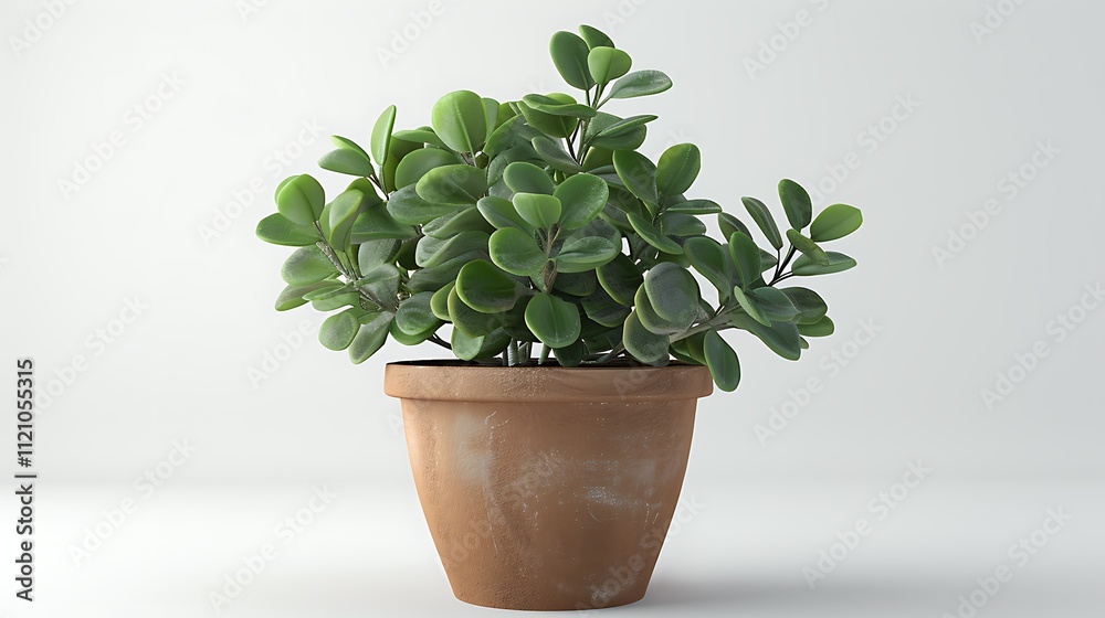 Fototapeta premium Potted jade plant with thick round leaves on white.